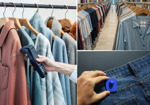 Retail store employee scanning items with RFID handheld reader