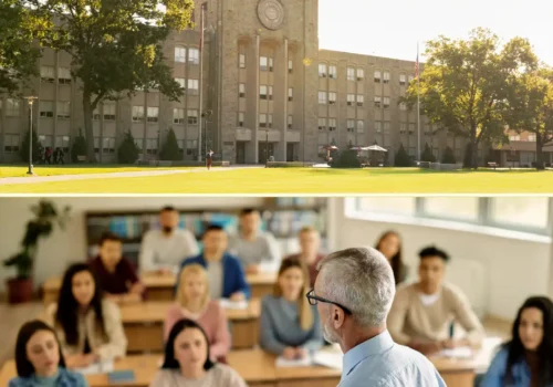 Teacher using school management system in classroom